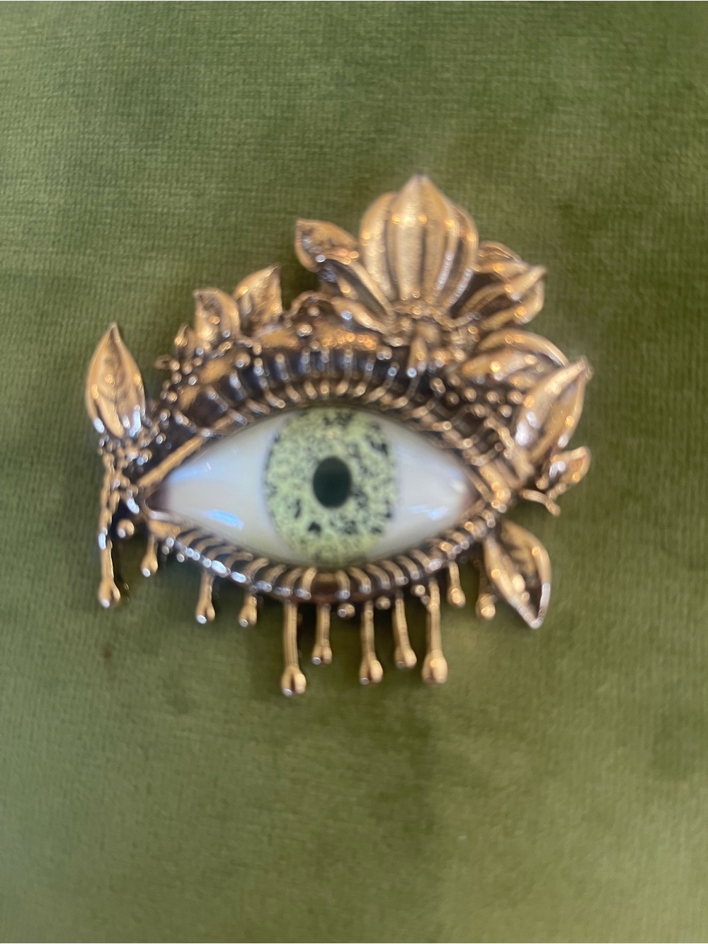 All-Seeing Eye Brooch Pin in Gold tone with Green Iris